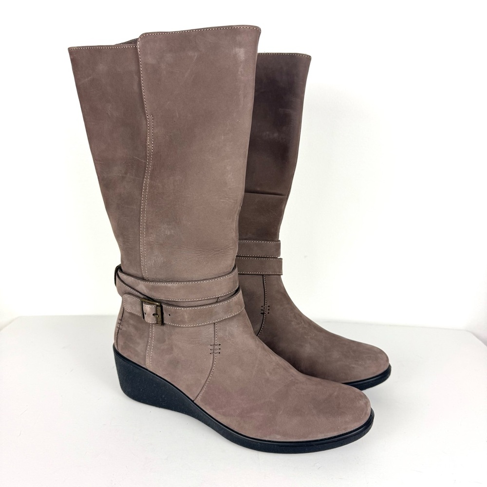 Hotter Taupe Wedge Suede Tall Boots Wide Calf 2.125 In. Heel US Size 11